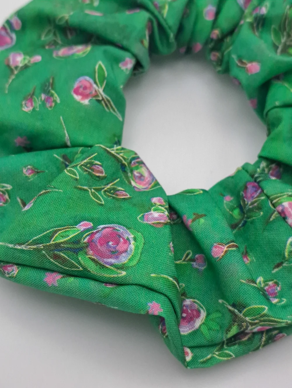 Green Floral Scrunchie Hair Tie - Women Accessories Cotton Elastic Band